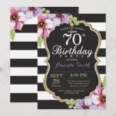 70歳の誕生日招待状 女性 フラワー ゴールド ブラック 招待状 (正面/裏面)