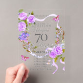 70歳の誕生日招待状 - 紫のバラのリボン アクリル招待状 (インサイチュ (ポータブル))