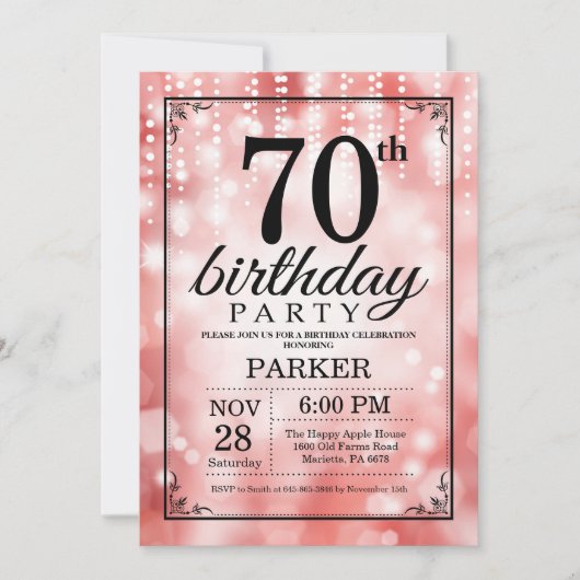 70歳の誕生日招待状 赤いグリッター 招待状 (正面)