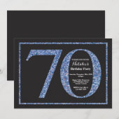70歳の誕生日招待状 青いグリッター 黒板 招待状 (正面/裏面)