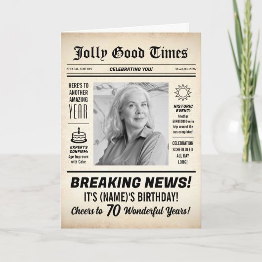 70歳の誕生日新聞、写真追加、パーソナライズ カード (正面)
