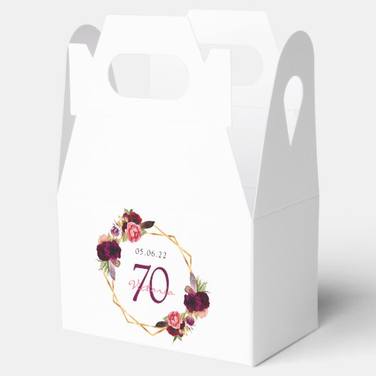 70歳の誕生日花模様金ゴールド幾何学的なブルゴーニュ フェイバーボックス (オープン)