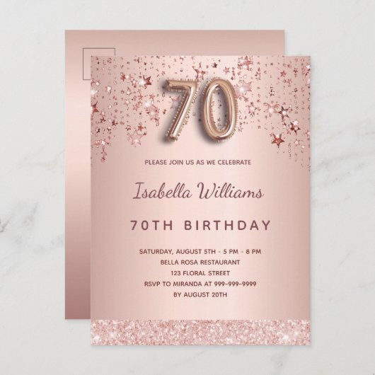 70歳の誕生日赤面バラ金ゴールド星気球スクリプト ポストカード (正面/裏面)