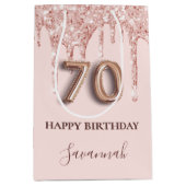 70歳の誕生日赤面ピンクグリッタードリップバラ金ゴールド ミディアムペーパーバッグ (正面)