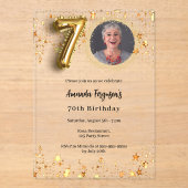 70歳の誕生日金ゴールドの写真スター澄ん アクリル招待状 (正面)