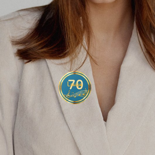 70歳の誕生日金ゴールド音楽ノートティール（緑がかった色）ブルー緑 缶バッジ