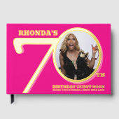 70歳の誕生日2枚の写真ホットピンク金ゴールド ゲストブック (正面)