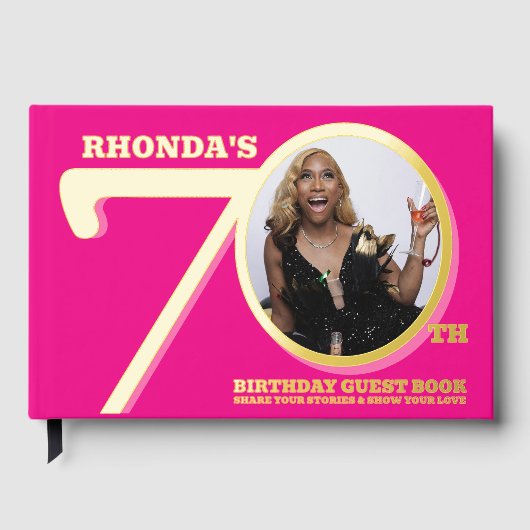 70歳の誕生日2枚の写真ホットピンク金ゴールド ゲストブック (正面)