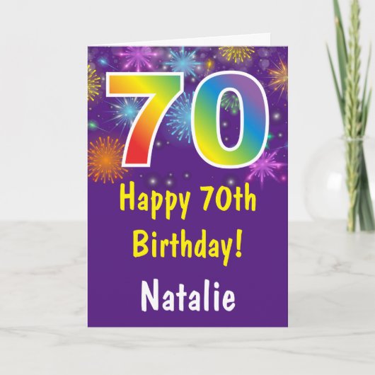 70歳の誕生日 カラフルな虹の花火 紫 カード (正面)