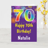 70歳の誕生日 カラフルな虹の花火 紫 カード (黄色い花)