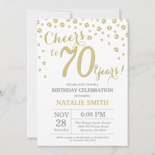 70歳の誕生日 ゴールドグリッター ダイヤモンド ご招待状 招待状 (正面)