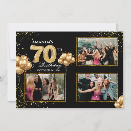 70歳の誕生日 ゴールド シルバー ブラック 風船 招待状 (正面)