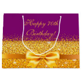 70歳の誕生日、シックバイオレットに金ゴールドボウ付き ラージペーパーバッグ (正面)