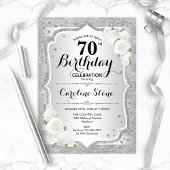 70歳の誕生日 - シルバーのストライプと白いバラ 招待状