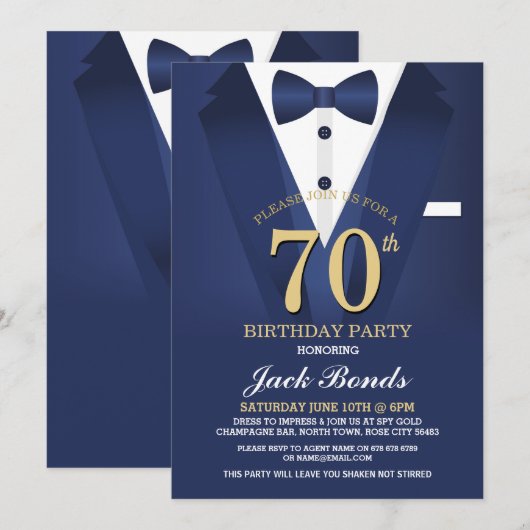 70歳の誕生日 スパイ スーツ ブラック タイ ネイビー ご招待 招待状 (正面/裏面)