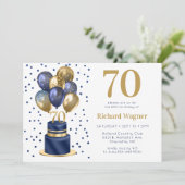 70歳の誕生日 ネイビーブルーのバルーンケーキ 招待状 (スタンド正面)