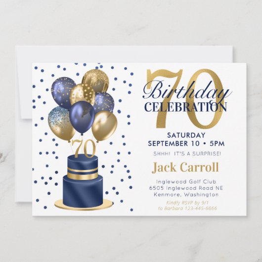 70歳の誕生日 ネイビーブルーのバルーンケーキ 招待状 (正面)