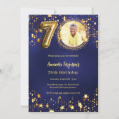 70歳の誕生日 ネイビーブルー 金色の星 写真 招待状 (正面)