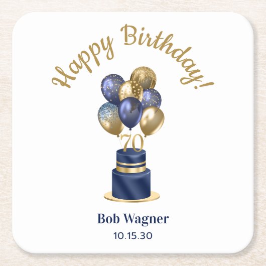 70歳の誕生日 ネイビーブルー 風船 ケーキ スクエアペーパーコースター (正面)