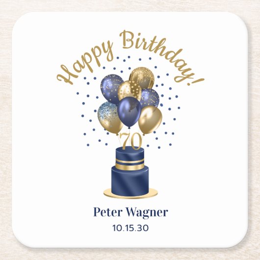 70歳の誕生日 ネイビーブルー 風船 ケーキ スクエアペーパーコースター (正面)