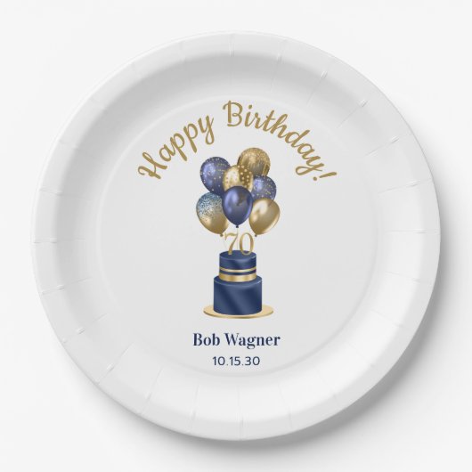70歳の誕生日 ネイビーブルー 風船 ケーキ ペーパープレート (正面)