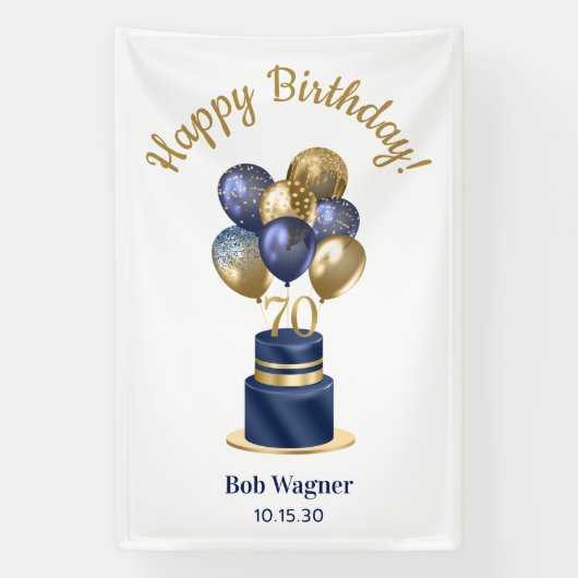 70歳の誕生日 ネイビーブルー 風船 ケーキ 横断幕 (縦)