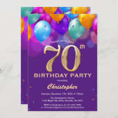 70歳の誕生日 パープルとゴールドのカラフルな風船 招待状 (正面/裏面)