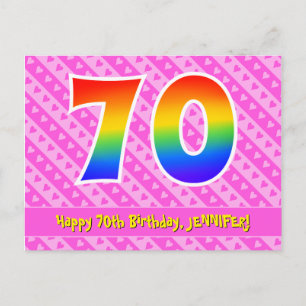 70歳の誕生日:ピンクのストライプとハート、虹色の70 ポストカード