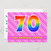 70歳の誕生日:ピンクのストライプとハート、虹色の70 ポストカード (正面/裏面)