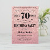 70歳の誕生日 ピンクのバラ ゴールドグリッター 招待状 (スタンド正面)