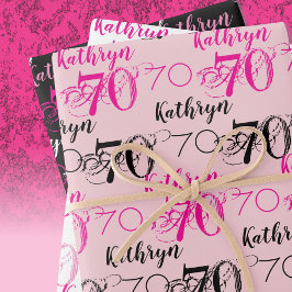 70歳の誕生日 ピンク ブラック ホワイト セット 名入れ ラッピングペーパーシート