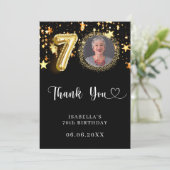 70歳の誕生日 ブラックゴールドの星 写真入り サンキューカード (スタンド正面)
