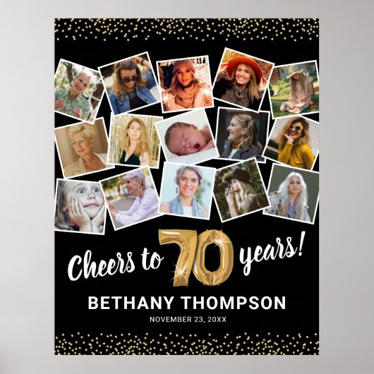70歳の誕生日 ブラックゴールド フォト パーティー ポスター (正面)