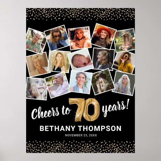 70歳の誕生日 ブラックゴールド 写真パーティー ポスター (正面)