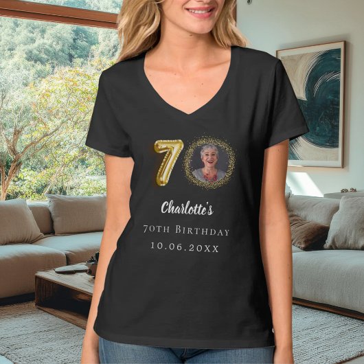 70歳の誕生日 ブラックゴールド 写真 Tシャツ