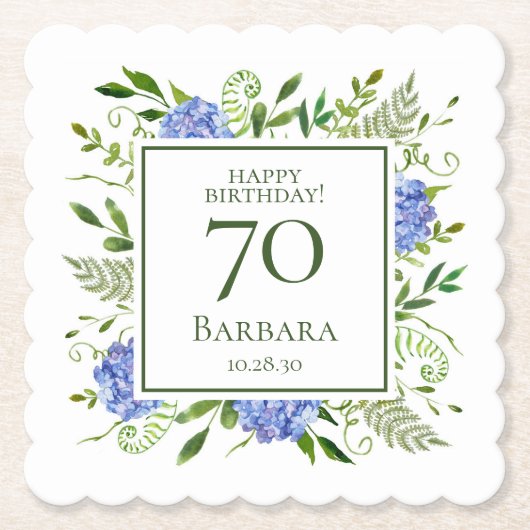 70歳の誕生日 ブルー・ハイドランジア ペーパーコースター (正面)