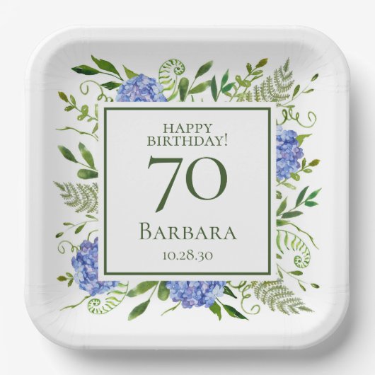 70歳の誕生日 ブルー・ハイドランジア ペーパープレート (正面)
