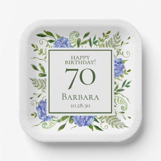 70歳の誕生日 ブルー・ハイドランジア ペーパープレート (正面)