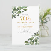 70歳の誕生日 ユーカリ 水彩 ゴールド スクリプト 招待状 (スタンド正面)