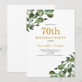 70歳の誕生日 ユーカリ 水彩 ゴールド スクリプト 招待状 (正面/裏面)