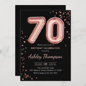 70歳の誕生日 - ローズゴールドの風船 ブラック 招待状 (正面/裏面)
