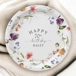 70歳の誕生日+ワイルドフラワーの水彩フラワー ペーパープレート