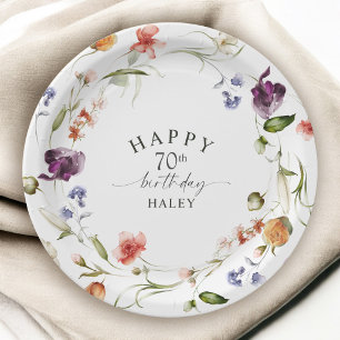 70歳の誕生日+ワイルドフラワーの水彩フラワー ペーパープレート