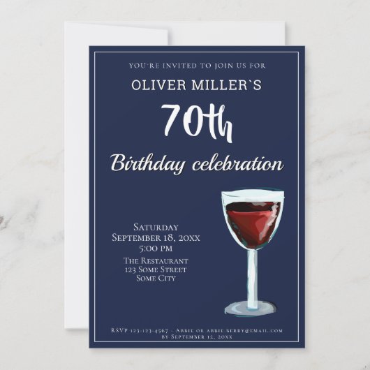 70歳の誕生日 ワインレッド ネイビーブルー パーティー 招待状 (正面)