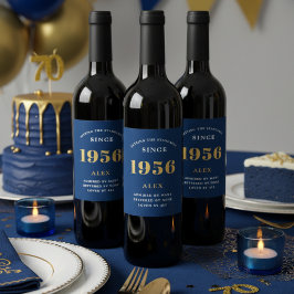 70歳の誕生日 名前 1956 青と金 高級感のあるおしゃれなデザイン ワインラベル