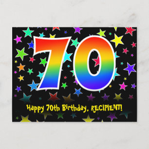 70歳の誕生日:楽しいスター柄、虹70、名前 ポストカード