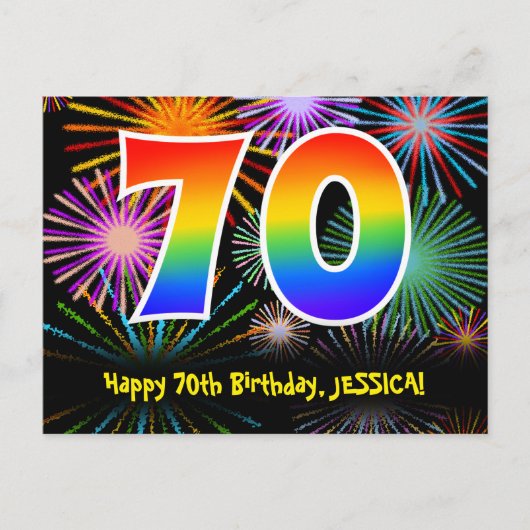 70歳の誕生日 - 楽しい花火のパターン + レインボー 70 ポストカード (正面)