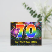 70歳の誕生日 - 楽しい花火のパターン + レインボー 70 ポストカード (スタンド正面)