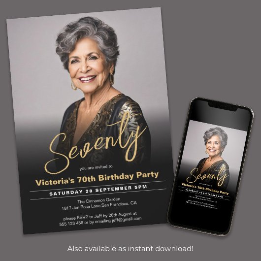 70歳の誕生日 現代のブラックゴールド ミニマル フォト 招待状