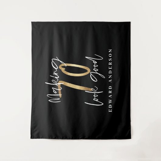 70歳の誕生日 現代的なブラックとゴールドのスタイリッシュ タペストリー (正面)